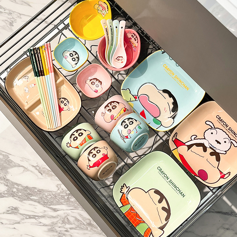 Crayon Shin-Chan Ceramic Bowl Household Square Eating Bowl High-Value Dishes and Plates Kidsren's Tableware Chopsticks Spoon Soup Bowl