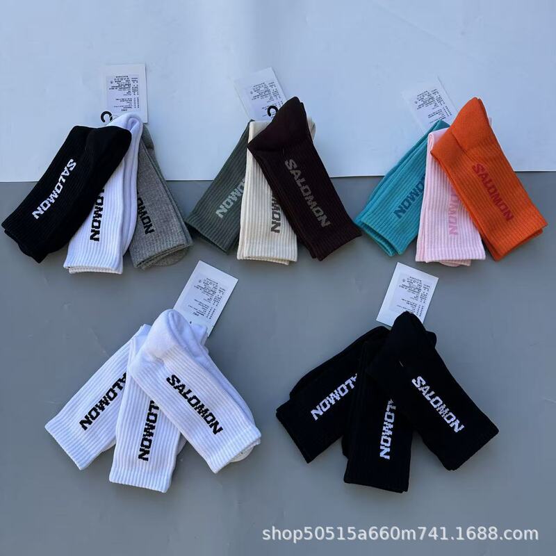 Salomon Outdoor Running Sports Socks Towel-Bottom Cotton Socks Lettered High-Top Unisex Couple Trendy Socks