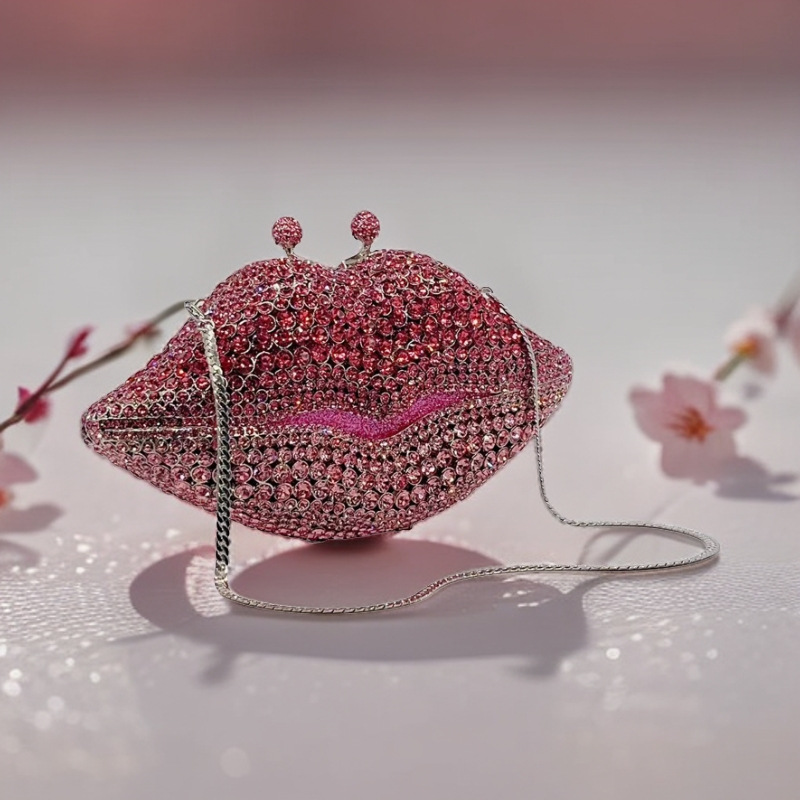Túi clutch nữ đính đá dạ hội viền môi kim loại — màu đỏ đậm, Màu đỏ, Màu xanh lá, Màu xanh lam chi tiết 14
