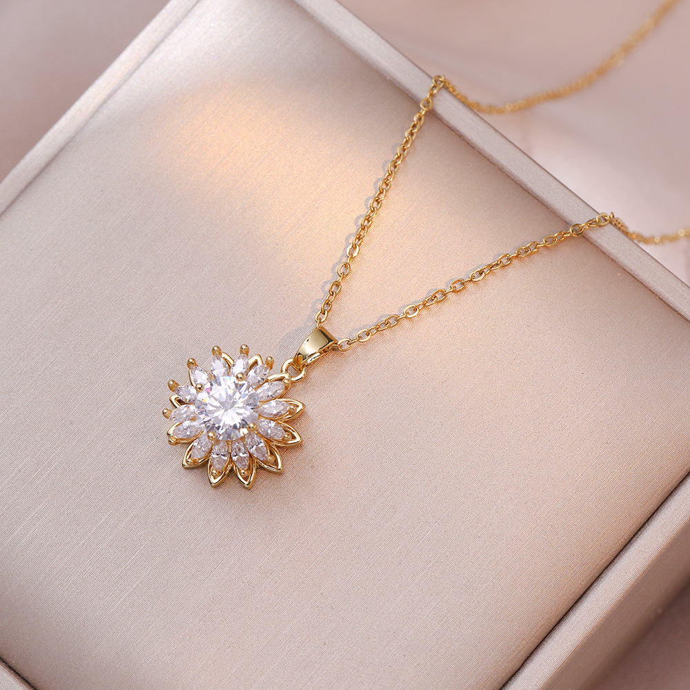 11g Weight Zircon Inlay Material Earrings, Necklace, Jewelry Set Classification Sunflower Flower Titanium Steel Copper Elegant Earrings Necklace Jewelry Set