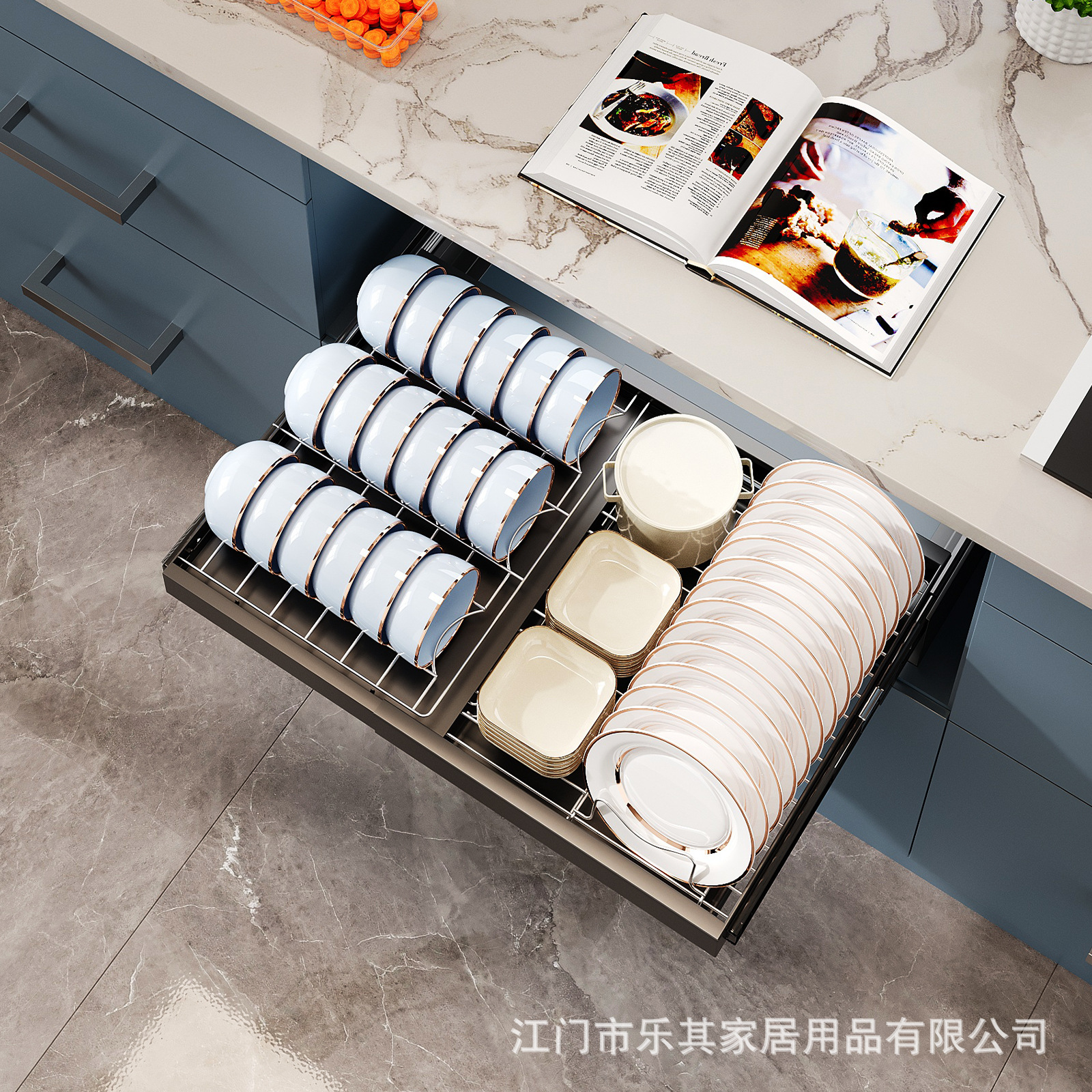 Platos de acero inoxidable bandeja de almacenamiento de platos gabinete de cocina estante incorporado tipo cajón canasta de tracción retráctil de tracción de drenaje