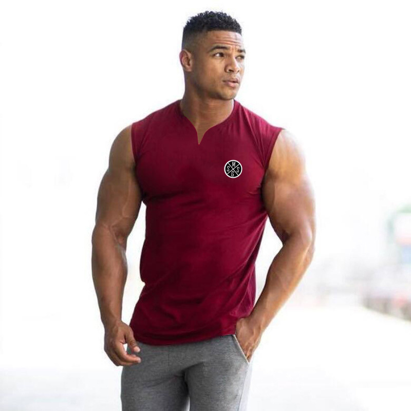 Moda europea y americana pequeño cuello en V chaleco deportivo hombres verano culturismo fitness camiseta sin mangas correr entrenamiento apretado superior algodón image 2