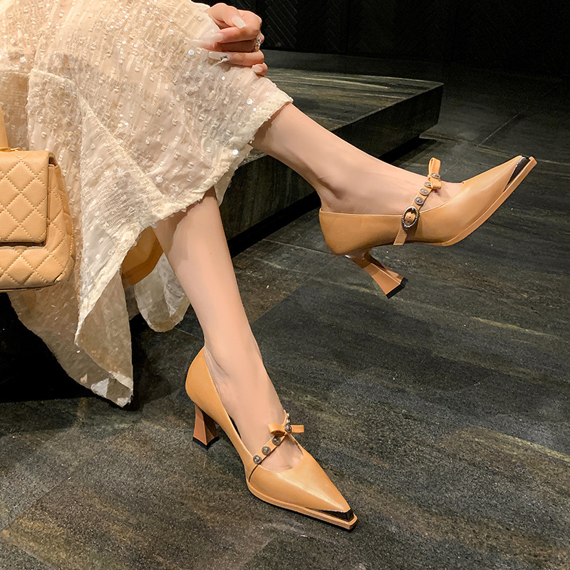 Niche Design Pointed Elegant High Heels 2025 Spring Bow Badge Mary Jane Shoes
