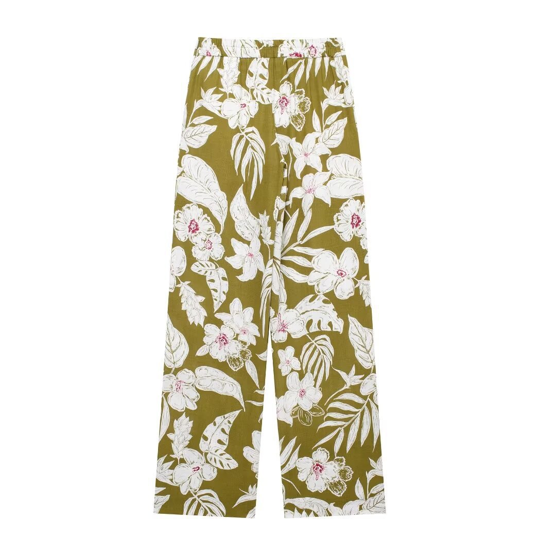 Women's linen blend flower print suit jacket pants dress set_voghion.com