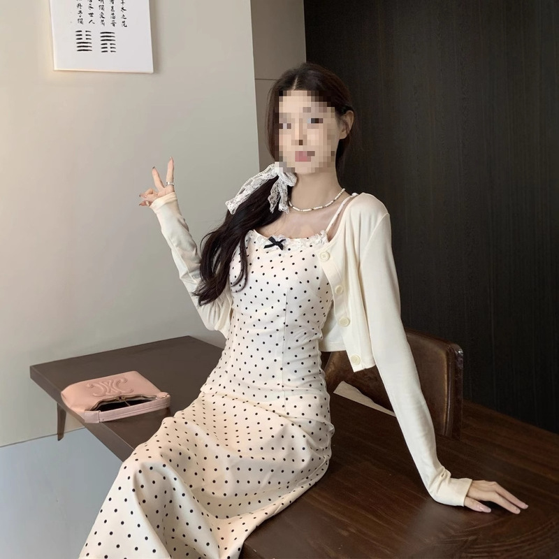 Korean Polka Dot Suspender Bow Dress for Women with Gentle Elegant 2025 New Early Spring Long Skirt for Small People