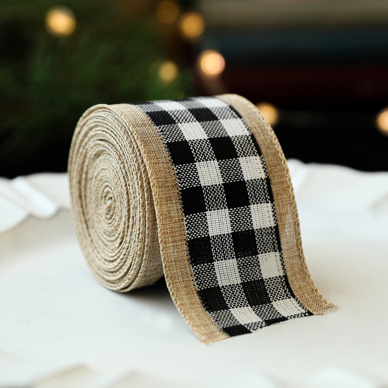 Cinta de lino sintético a cuadros blanco y negro para envolver regalos de Navidad, decoración de coronas navideñas, lazos, venta al por mayor