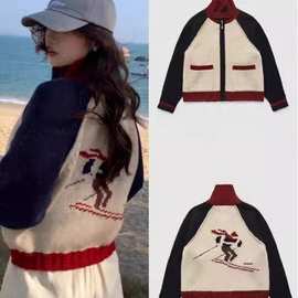 2024秋冬韩国八奶拼色高领拉链毛衣短外套女滑雪提花针织口袋开衫