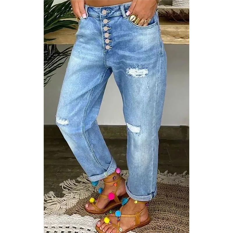 Ripped Jeans for Women 2022 European and American Cross-Border Spring & Fall New Low-Waisted Loose Slimming Look Straight Jeans