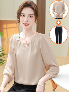 Middle-aged Mother Spring Dress Mid-sleeve Shirt 2025 New Fashion Chiffon Shirt Top Middle-aged and Elderly Women's Summer Dress Two-piece Set