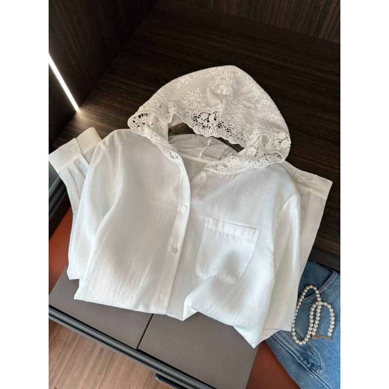 [Summer Oxygen Bar] Lazy and Loose-Fitting Right-Shoulder Hooded Tencel Linen Lace Splicing Sun Protection Shirt H030501