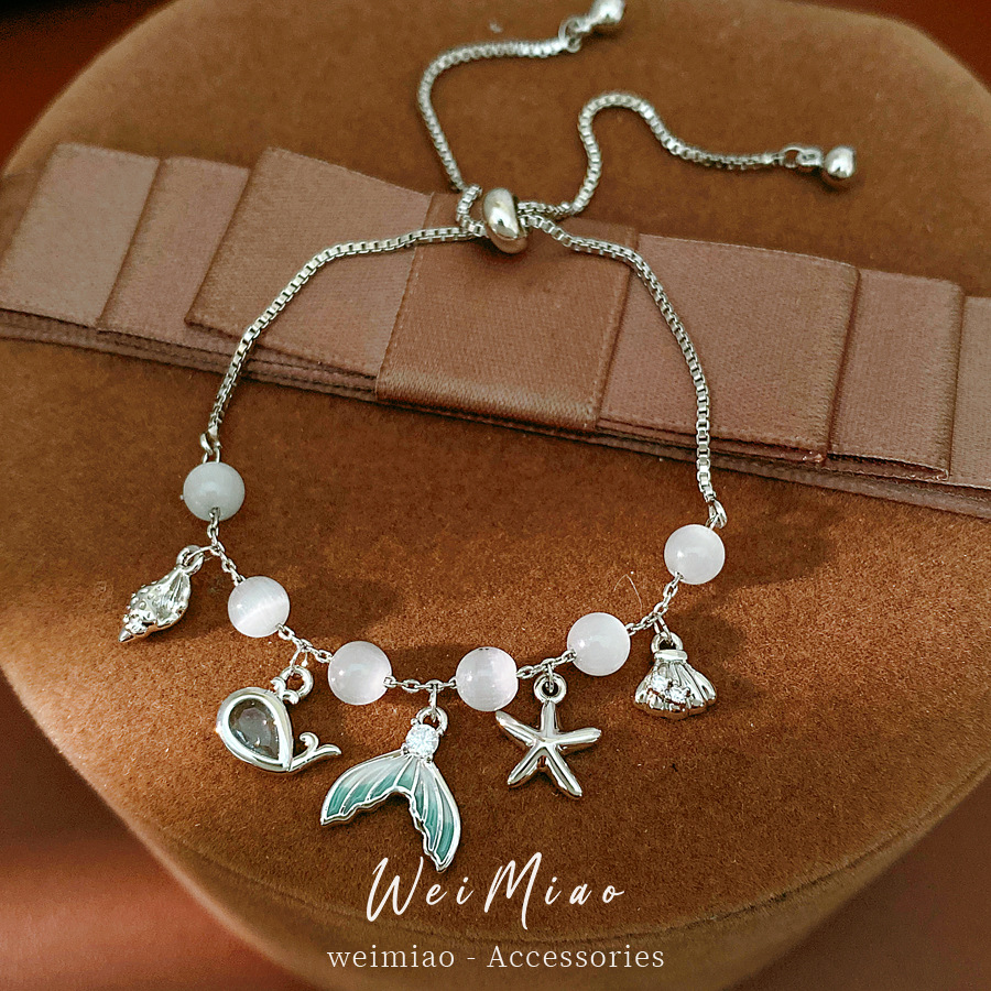 Piedra de ojo de gato, collar de piedra, estrellas de mar, conchas, pulseras de cola de pescado, pulseras de lujo ligeras, accesorios de vacaciones, joyas de mano image 4