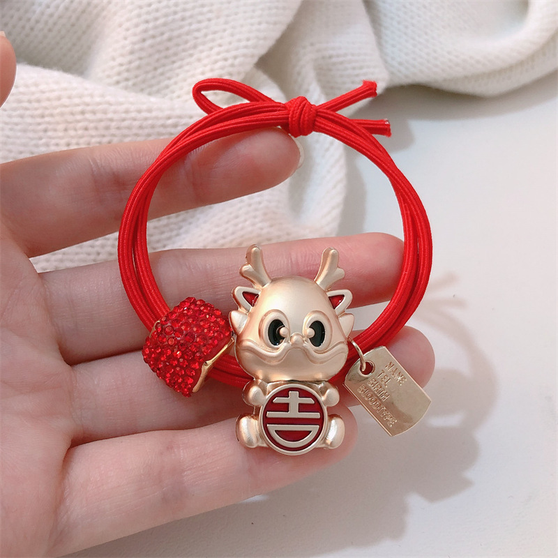 Año del Dragón Zodiaco de alta sensación metal rojo Año Nuevo anillo de cabello de alta altura cuerda elástica cuerda de cabello festiva adornos para el cabello