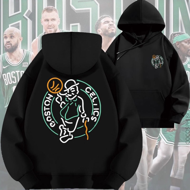 Celtic Star Print Hooded Sweatshirt Trendy Loose Autumn Base Layer Basketball Top with Fleece Lining and Thickened Celtic Star Print Hooded Sweatshirt Trendy Loose Autumn Base Layer Basketball Top with Fleece Lining and Thickened
