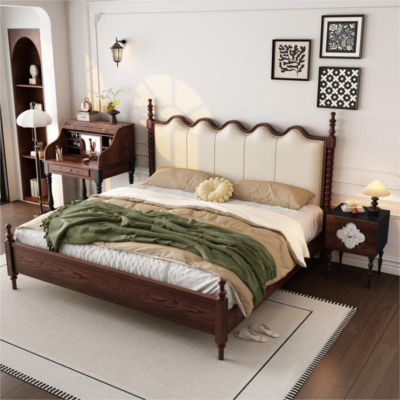 Cama de madera maciza de cuero suave estilo francés ondulado retro Sena cama doble cama principal estilo americano cama de almacenamiento estilo medieval