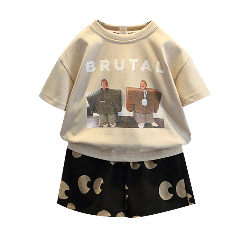 7931 Traje de manga corta para niños 2025 Nuevos productos de verano Niños y niñas Impresión de manga corta T Traje casual de dos piezas de moda para bebés
