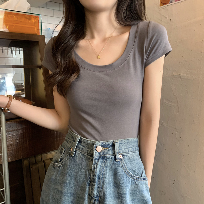 纯色休闲百搭短袖T恤女内搭打底衫2024夏季修身U领学生上衣ins潮|undefined