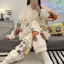 女派大星法兰绒睡衣女士可爱时尚加绒加厚秋冬季开衫珊瑚绒家居服