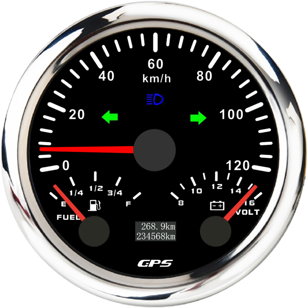 ELING – 85mm 3-in-1 GPS automobile instrument - 0-120kmh-silver-edge-black-background