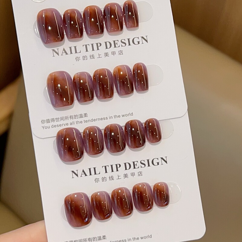 [Purple Yarn Di Mi] Caramel Purple Amber Smudged Handmade Wearable Nail Y839 Model with Box Tool Kit