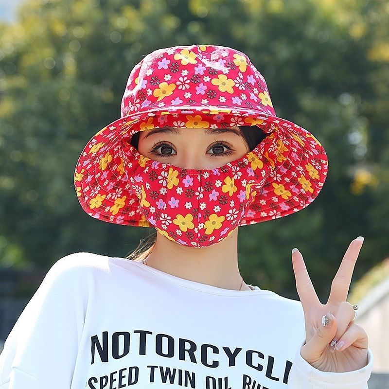 夏の屋外女性の防風茶抗紫外線マスク帽子オールインワン日焼け止め帽子|undefined