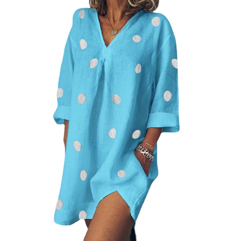 Women's V-neck double pocket large size print casual beach dress