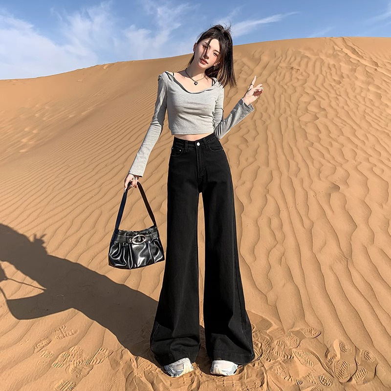 美式黑色大阔腿牛仔裤女2025春秋新款高腰宽松不贴腿喇叭拖地裤子|undefined