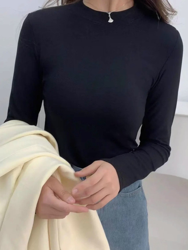 2025新款女士纯色长袖时尚百搭显瘦打底衫T恤春秋中领上衣半高领|undefined