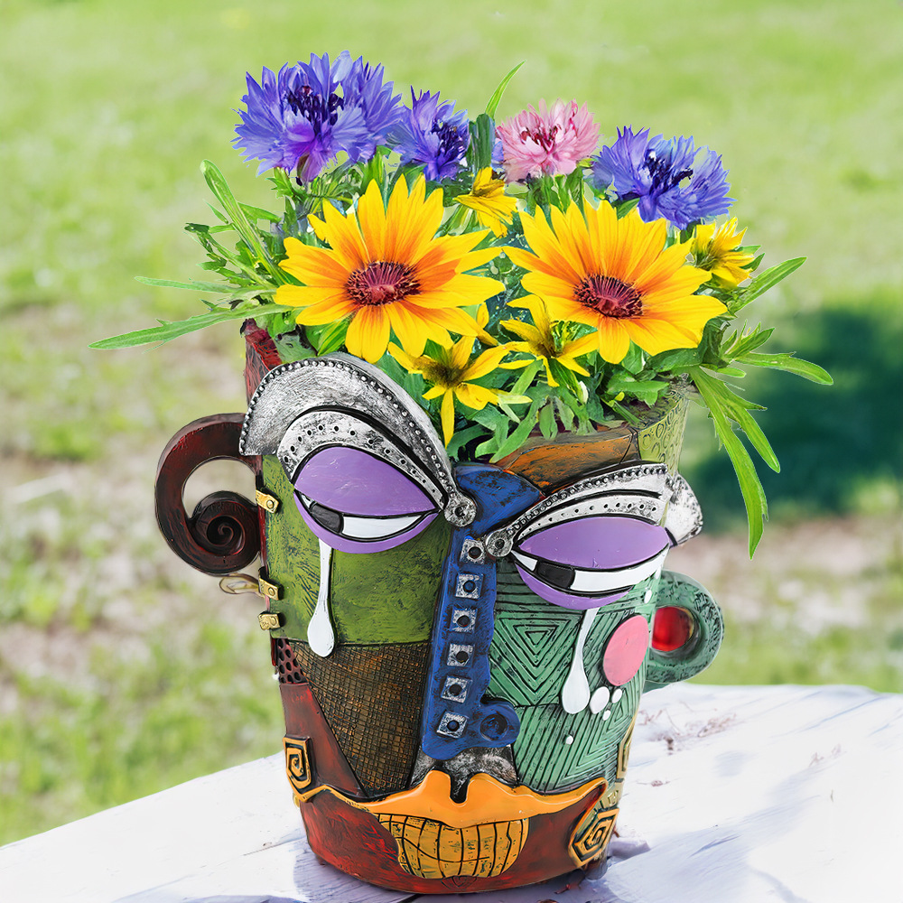 Overseas New Product Colorful Abstract Surprised Expression Human Face Resin Flower Pot Creative Expression Home Garden Planting Ornaments