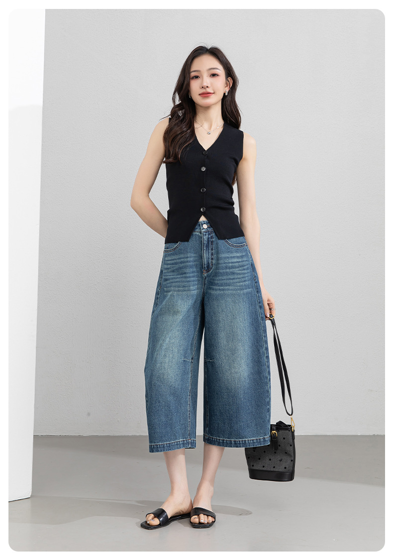Quần jean nữ ống rộng cạp cao phong cách Mỹ retro, dáng suông rộng che khuyết điểm, dài 7–8 phân — màu xanh nhạt chi tiết 25