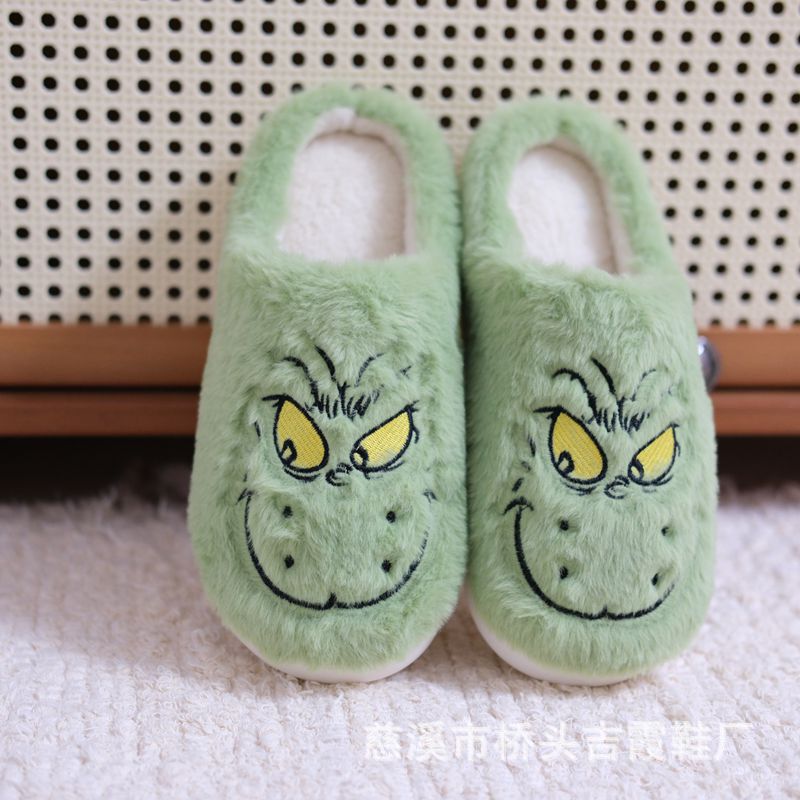 Cross-Border Christmas Green-Haired Monster Grinch Cotton Slippers for Couples Men and Women Autumn and Winter Home Rabbit Plush Slippers Embroider