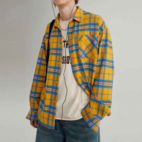 American Retro Yellow Gingham Shirt for Men Spring and Autumn Long-Sleeve Blouse Loose Casual Top Design Sense Jacket