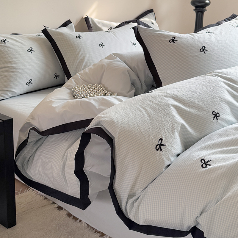 2025 New Cotton Bed Four-Piece Set Pure Cotton Embroidered Bow Quilt Cover Bed Sheets Skin-Friendly Washed Cotton Bedding