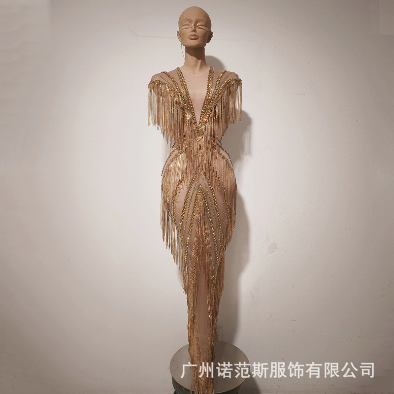 Fashionable and Elegant Gold Tassel Rhinestone Deep V-Neck Cinched Waist Slim-Fit Long Dress Red Carpet Runway Singer Engagement Banquet Evening Dress Fashionable and Elegant Gold Tassel Rhinestone Deep V-Neck Cinched Waist Slim-Fit Long Dress Red Carpet Runway Singer Engagement Banquet Evening Dress