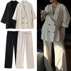クロスボーダー貿易春婦人服ストリートスタイルしわ加工ダブルブレストブレザーとしわ加工パンツスーツ