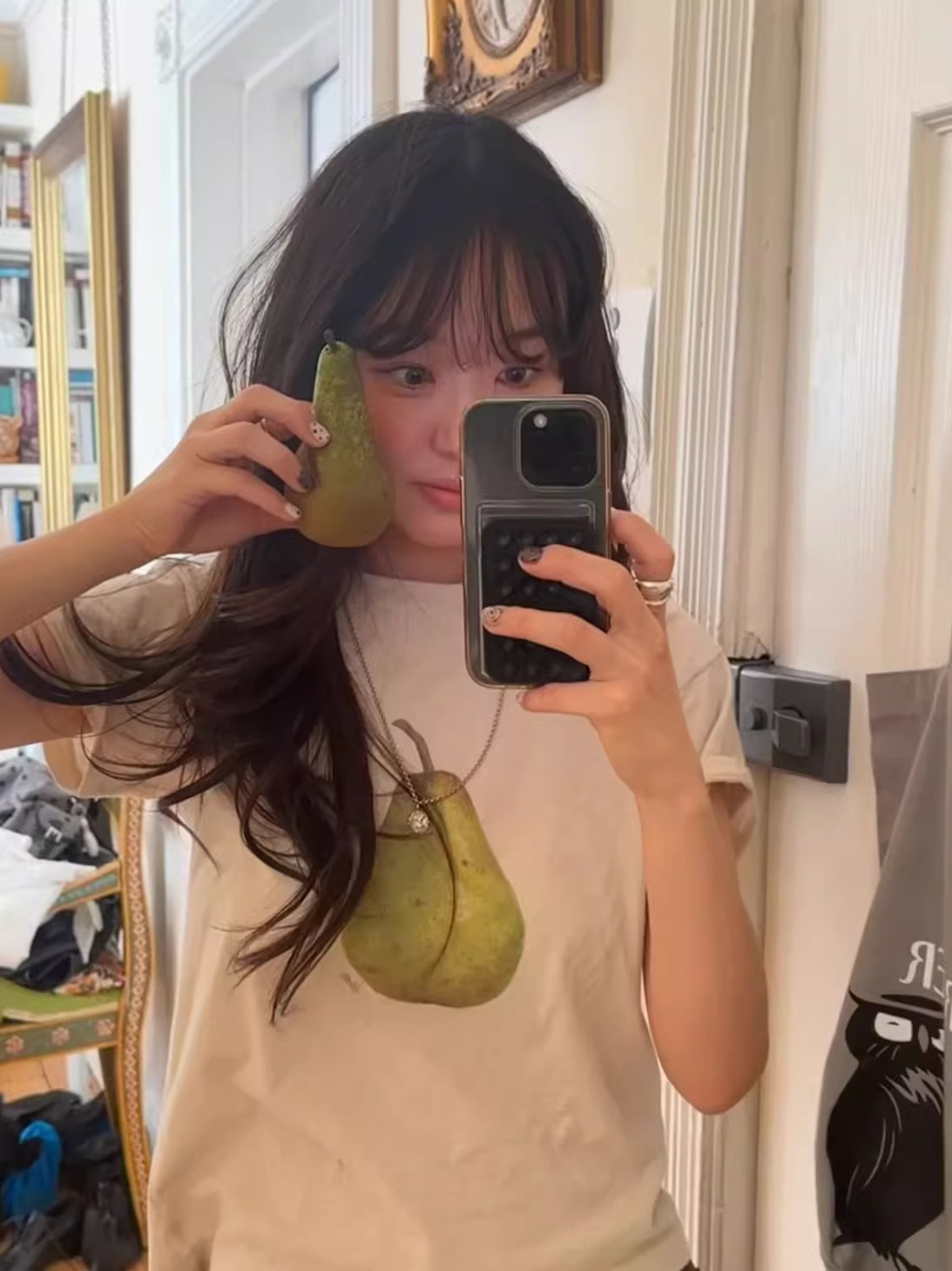 在庫あり 2025秋新作 韓国東大門fl*tta シンプルルーズペア柄プリントTシャツトップス