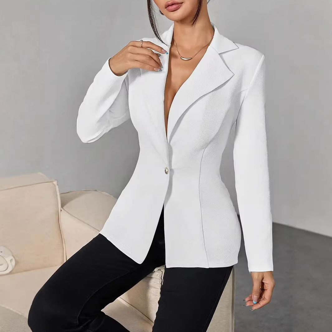 Women's Clothing Slim Waist Lapel Single Button Suit Jacket Solid Color Fashion Spring/Autumn Lightweight Coat_ecoleips.com