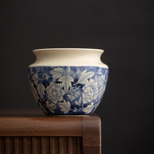 Zen-Style Rustic Small Tea Strainer Jar, Antique-Style Yuan Blue and White Frosted Water Bowl, Tea Ceremony Accessory
