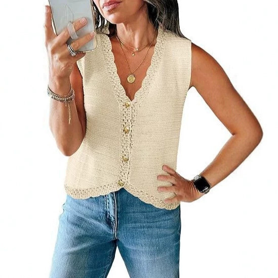 In-Stock New Women's Sleeveless V-Neck Sweater Vest, Short Button-Up Casual Loose Knit Summer Outerwear Top