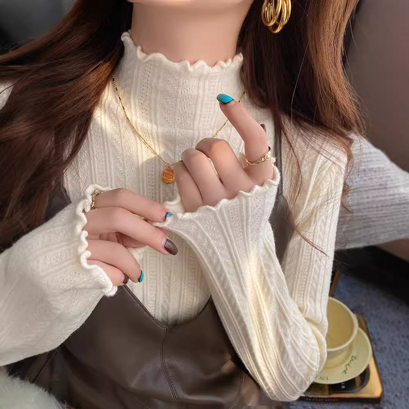 White Base Shirt for Women, Autumn and Winter 2026 New Style, Half-High Collar, Ruffled Edge Knit Sweater, Mid-Neck Long-Sleeve Sweater White Base Shirt for Women, Autumn and Winter 2026 New Style, Half-High Collar, Ruffled Edge Knit Sweater, Mid-Neck Long-Sleeve Sweater