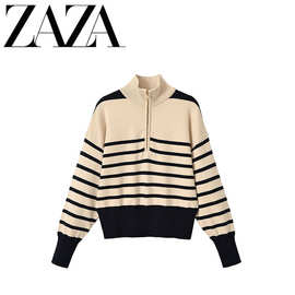 ZAZA 自制欧美风 批发女装 时尚百搭 长袖立领拉链撞色条纹针织衫