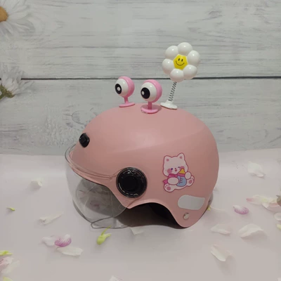 Motorcycle Kidsren's Helmet Cute Cartoon, Motosiklet kaskı (dəbilqə) - light-pink-no-15-short-lens-pink-eyes-white-flowers-1-5-years-old-3c