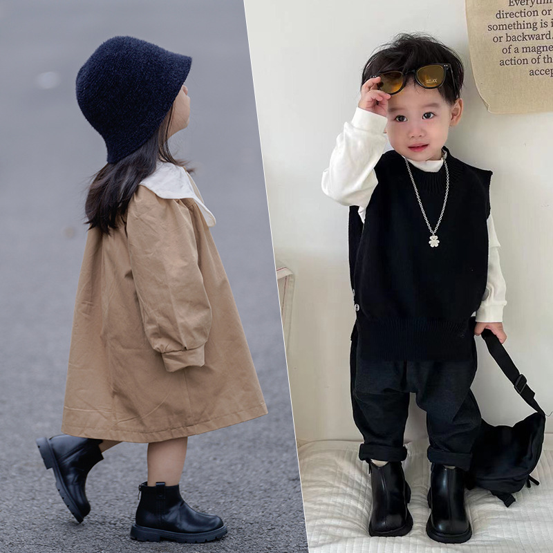 Children's leather boots Baby walking shoes plus cashmere girls' shoes Korean Doc Martens baby winter shoes Boy's ankle boots keep warm