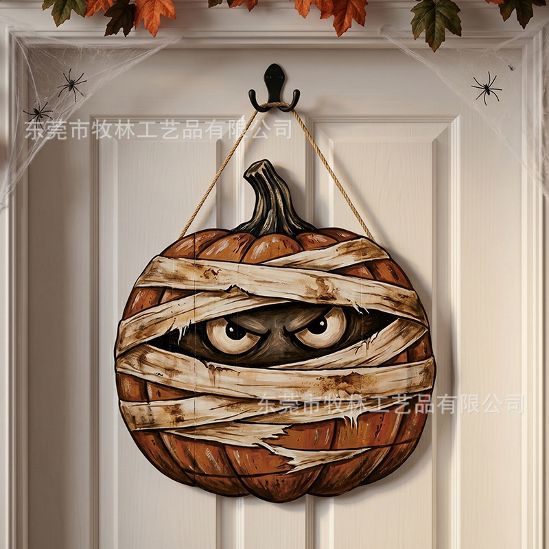 Vintage Distressed Mummy Pumpkin-Shaped Wooden Door Hanger Halloween Horror Style Front Door Atmosphere Decoration Sign Vintage Distressed Mummy Pumpkin-Shaped Wooden Door Hanger Halloween Horror Style Front Door Atmosphere Decoration Sign