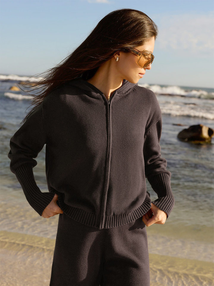 Bộ áo cardigan dệt kim có mũ khóa kéo dáng rộng kèm quần ống ôm cotton — Màu cà phê, Màu trắng, Màu xanh dương, Xanh lá cây chi tiết 8