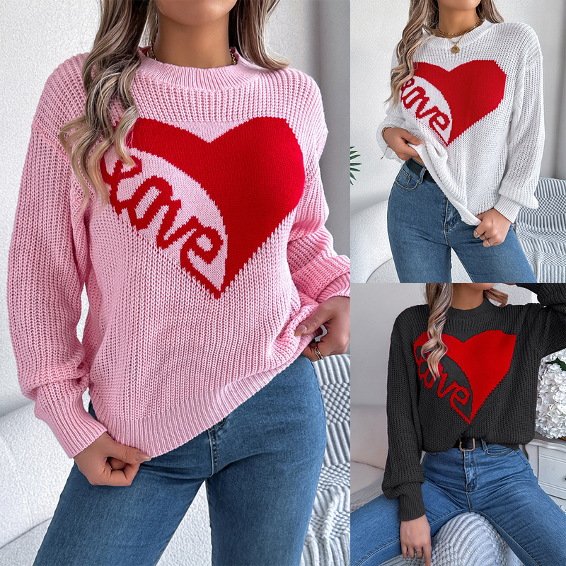 Real shot autumn and winter leisure Valentine's Day color contrast love LOVE long sleeve pullover sweater Amazon cross-border women's clothing Real shot autumn and winter leisure Valentine's Day color contrast love LOVE long sleeve pullover sweater Amazon cross-border women's clothing