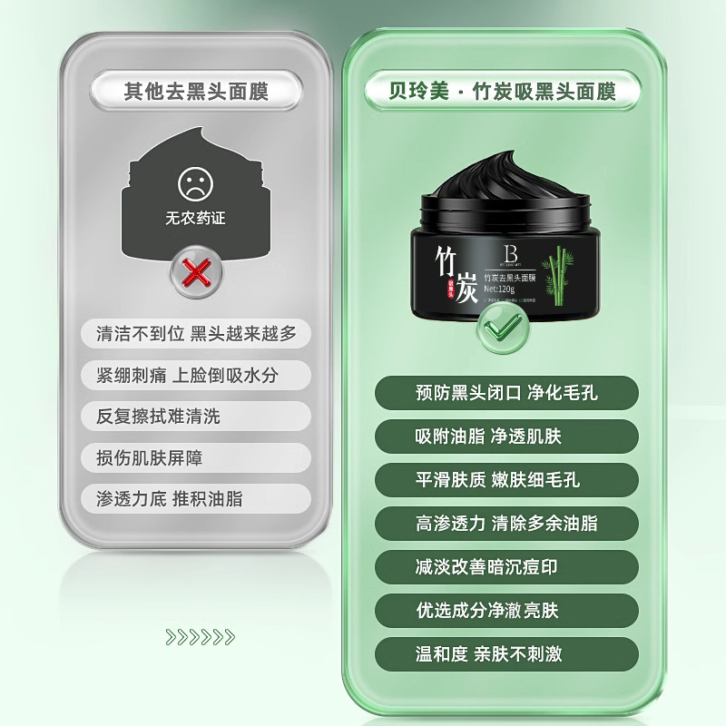 Bei Lingmei Bamboo Charcoal Blackhead Remover Mask Gentle Cleansing Pores Blackhead Acne Nose Patch Peel-Off Blackhead Nose Mask