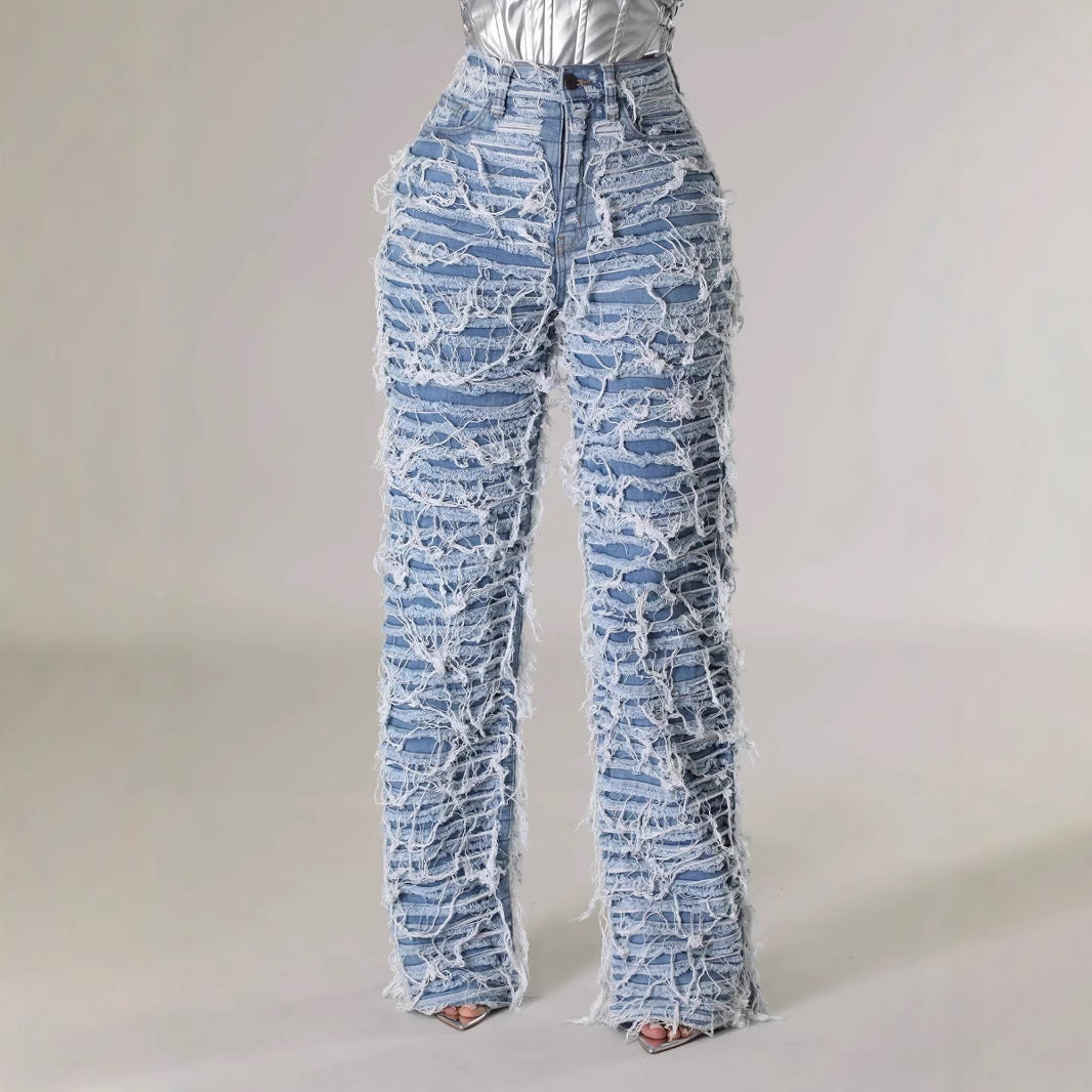 Pantalon droit en denim pour femme avec taille haute, bords usés, trous, pompons, jeans amples_voghion.com