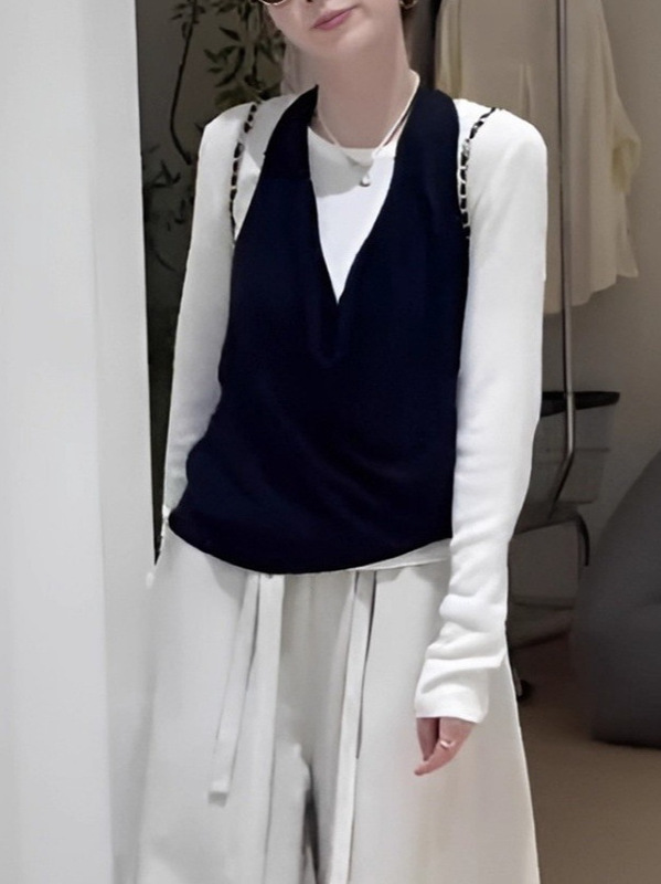 复古慵懒风v领挂脖长袖针织衫女2025新款早秋宽松小个子叠穿上衣|undefined