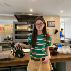美式复古撞色条纹圆领绿色短袖T恤女2025夏季休闲宽松韩系上衣潮