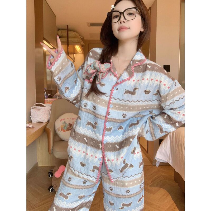 云朵棉纱布睡衣女春秋季长袖套装韩版大码卡通跨境家居服可爱外穿|undefined